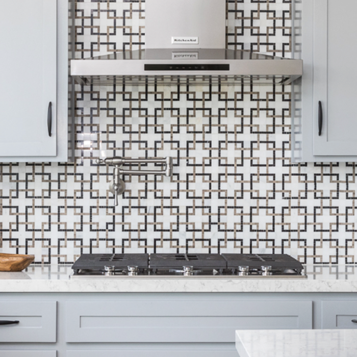Pot Fillers Kitchen with grey cabinets and geometric backsplash tile.