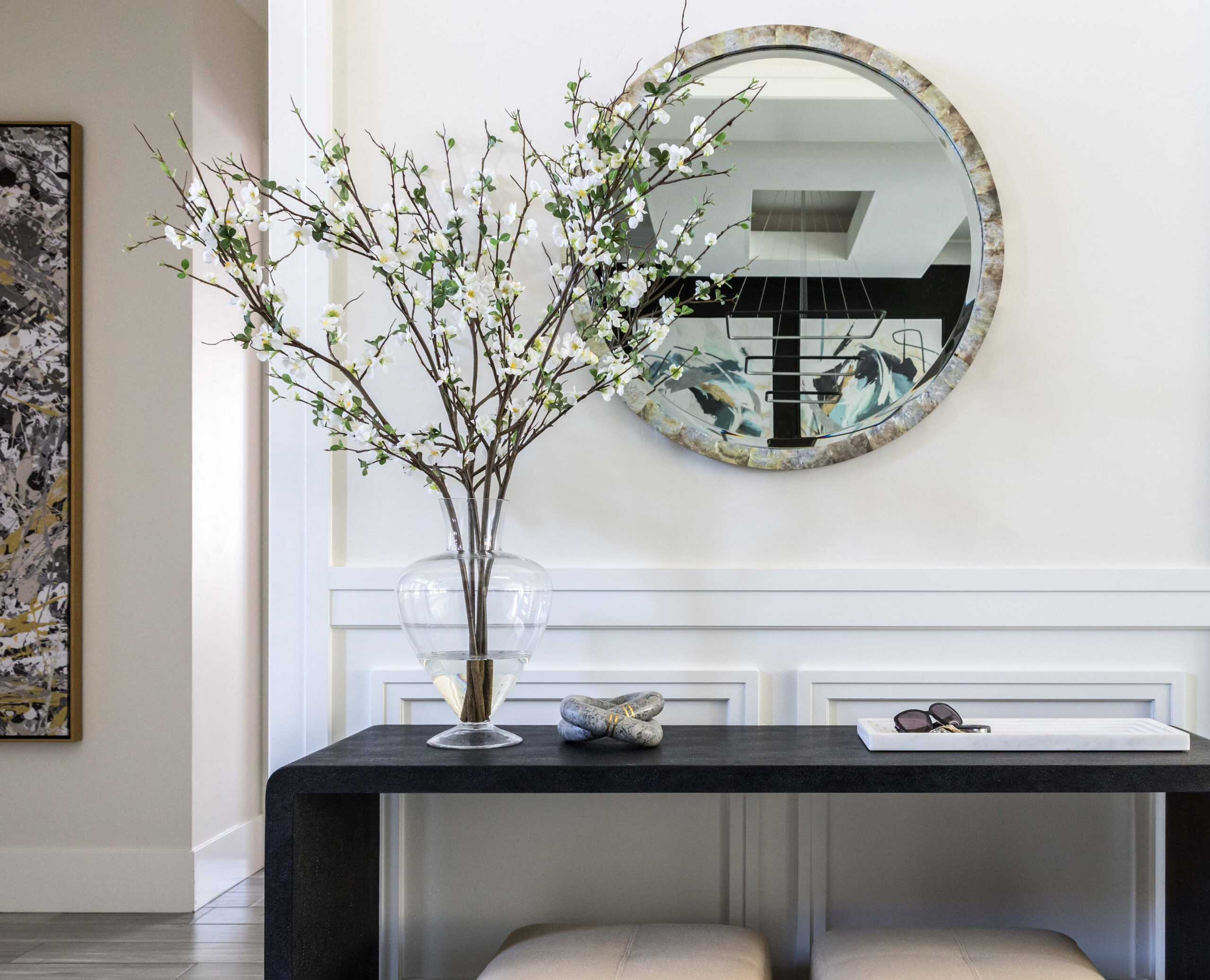 Contemporary entry console with ottomans