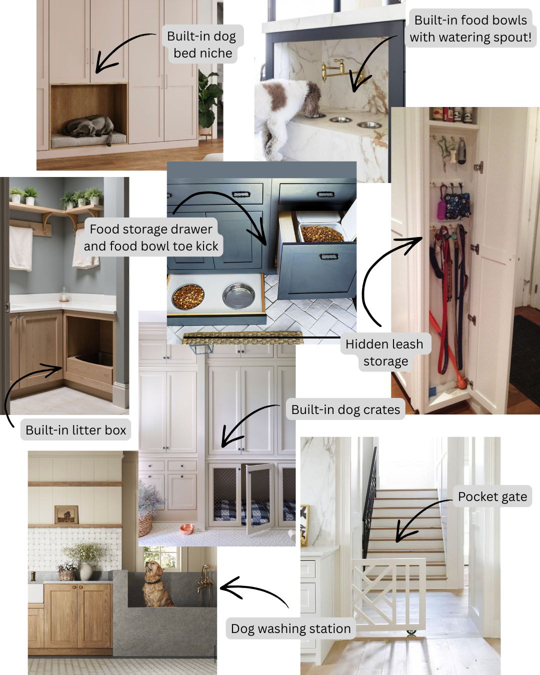Ideas for customizing tour home for your pet including dog wash station, built in food bowls and pet food storage. 